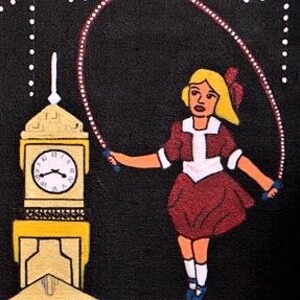 May include: A painting on a black background featuring a yellow clock tower with a white clock face and a figure with blonde hair wearing a maroon dress and white socks, jumping rope with a red and white dotted rope under white dots.