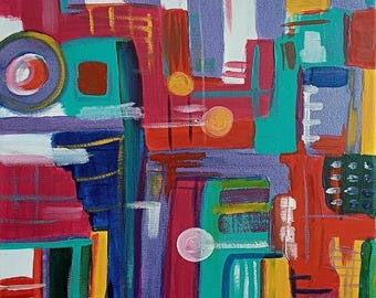 Abstract Acrylic Painting on Canvas | 12x16" Geometric Wall Art, Signed by Krysia