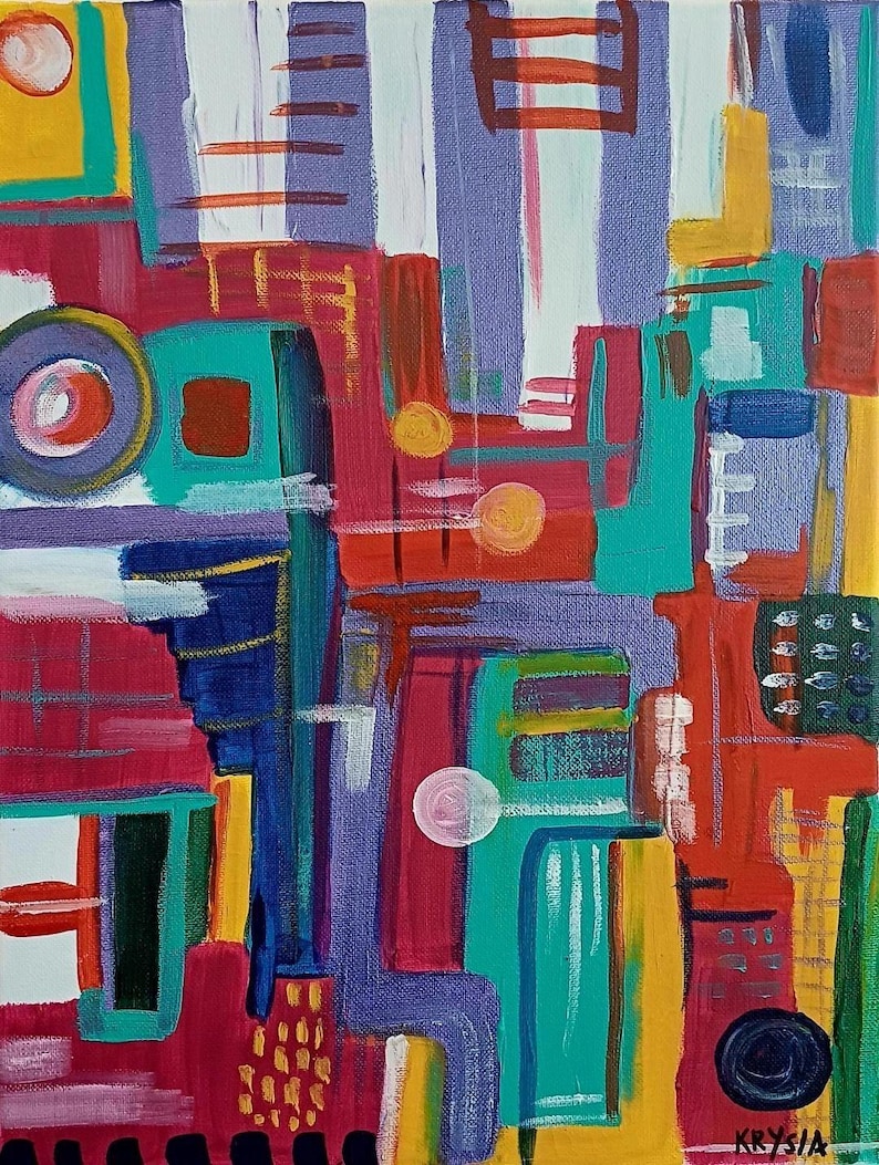 Abstract Acrylic Painting on Canvas | 12x16" Geometric Wall Art, Signed by Krysia image 1