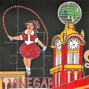 May include: A colourful illustration on a black background featuring a person in a red dress jumping rope. Next to them is a red and yellow clock tower topped with a green disco ball. The word VINEGAR is printed in red letters at the bottom.