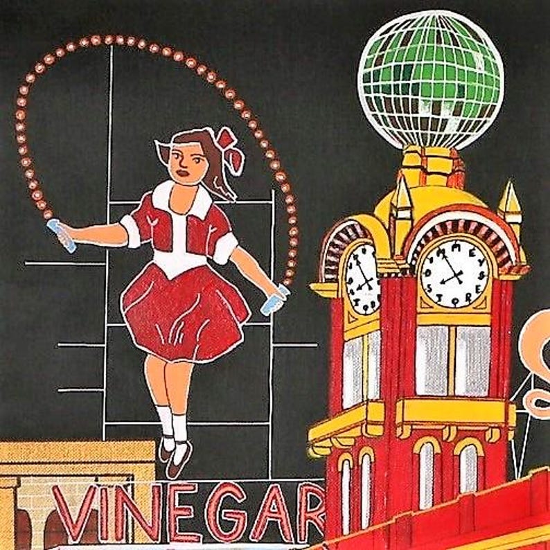 May include: A colourful illustration on a black background featuring a person in a red dress jumping rope. Next to them is a red and yellow clock tower topped with a green disco ball. The word VINEGAR is printed in red letters at the bottom.
