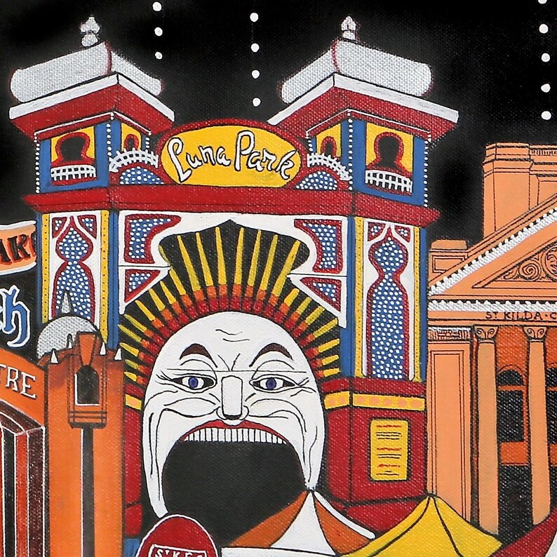 May include: A colorful painting depicting the Luna Park entrance with its iconic large white face, red and blue architectural details, and yellow accents. The scene includes a black night sky with white dots and a building labeled St Kilda.