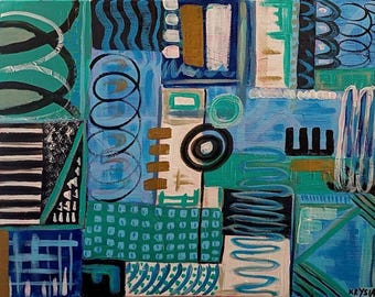 キャンバスに描かれた抽象アクリル画 | 15.5 x 19.5インチの幾何学模様のウォールアート、クリシアのサイン入り