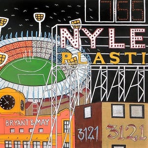 May include: A colourful painting depicting a stadium with a green field under a black night sky. The scene includes a large billboard with the text NYLE PLASTI, a building labelled BRYANT & MAY with a clock, and a brown structure featuring the number 3121.