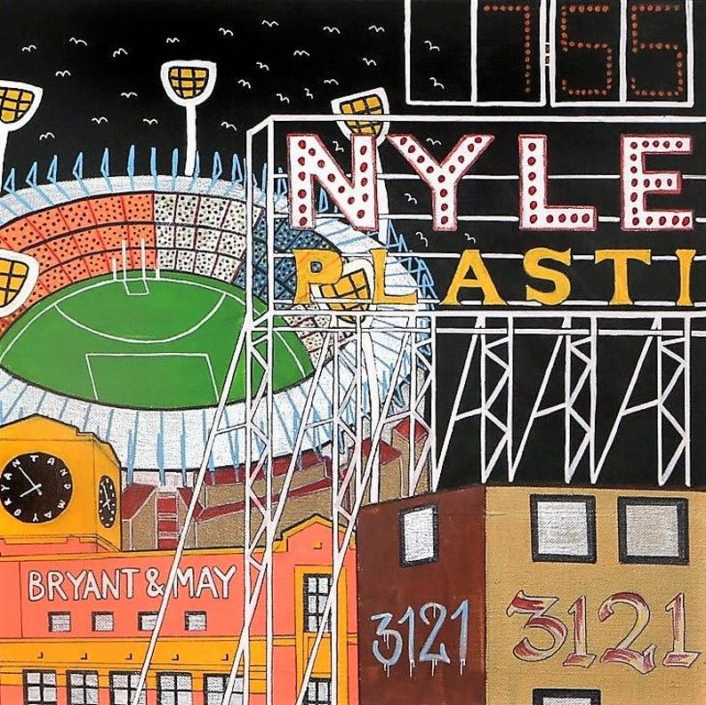 May include: A colourful painting depicting a stadium with a green field under a black night sky. The scene includes a large billboard with the text NYLE PLASTI, a building labelled BRYANT & MAY with a clock, and a brown structure featuring the number 3121.