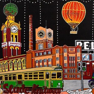 May include: A painting of a city scene at night featuring a yellow and green tram, the Dimmys clock tower, a Bryant & May factory building, and an orange Chandon hot air balloon. The text includes Dimmys, Bryant & May, Slade Knitwear, and street signs.