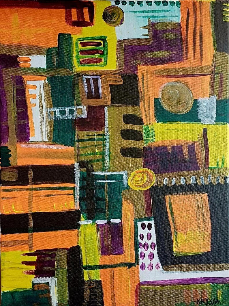 Abstract Acrylic Painting on Canvas | 12x16" Geometric Wall Art, Signed by Krysia image 1