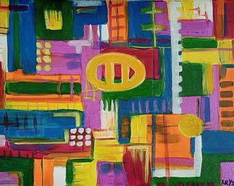 Abstract Acrylic Painting on Canvas | 12x16" Geometric Wall Art, Signed by Krysia