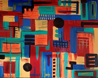 キャンバスに描かれた抽象的なアクリル画 | 12x16インチの幾何学模様の壁掛けアート、クリシアのサイン入り