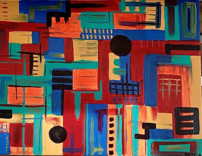 Abstract Acrylic Painting on Canvas | 12x16" Geometric Wall Art, Signed by Krysia image 1