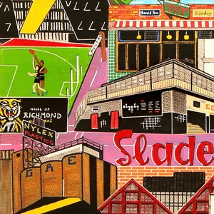 May include: A colorful acrylic painting depicting a collage of urban scenes including a sports field with players, a tiger mascot, a Nylex Plastics sign, industrial silos, and a building with the red text Slade and a sign reading Sunday.