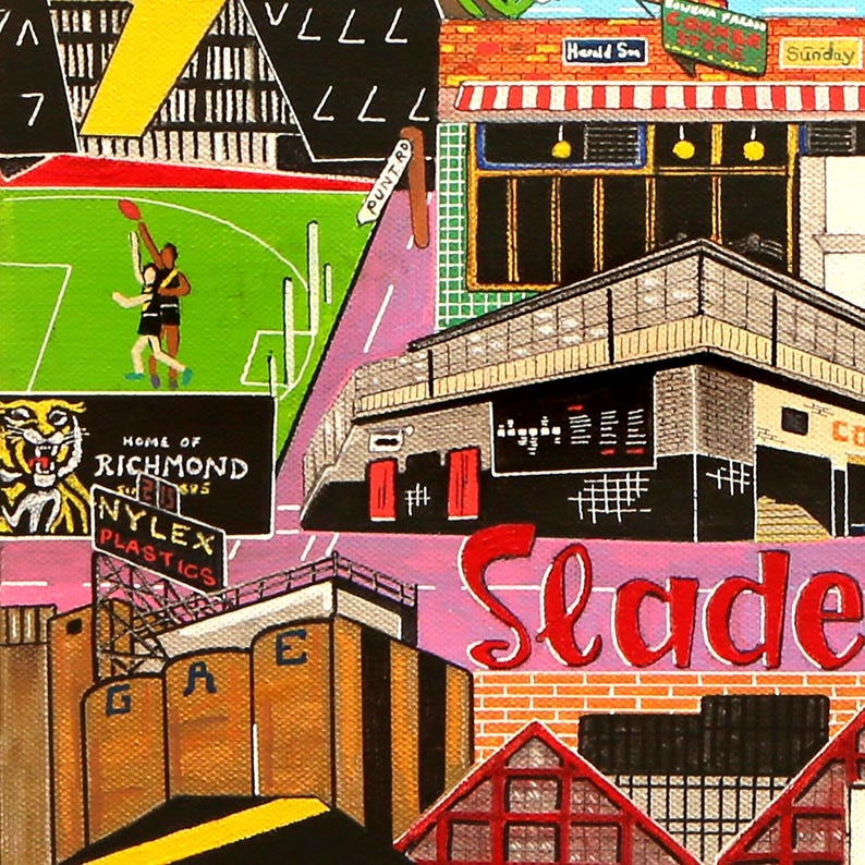 May include: A colorful acrylic painting depicting a collage of urban scenes including a sports field with players, a tiger mascot, a Nylex Plastics sign, industrial silos, and a building with the red text Slade and a sign reading Sunday.