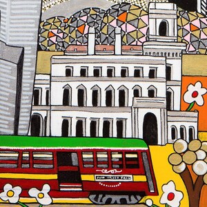 May include: A stylized painting of a red tram with a green roof moving past a white multi-story building with arched windows. In the background, a geometric dome structure sits under a black sky. White flowers with red centers are in the foreground.