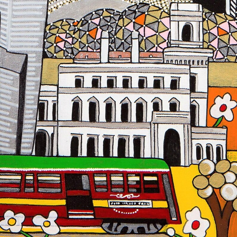 May include: A stylized painting of a red tram with a green roof moving past a white multi-story building with arched windows. In the background, a geometric dome structure sits under a black sky. White flowers with red centers are in the foreground.