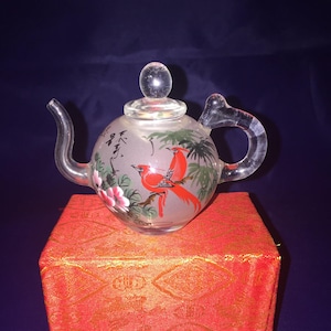 Hand Painted Glass Teapot, reverse painted teapot, glass art: red birds