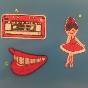 ballerina Embroidered Iron On Patch, red mouth sewing patch, tape patch, cassette patch