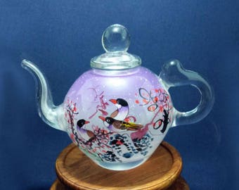 Free Shipping! Reverse painted mini glass teapot, Hand Painted Glass Teapot