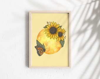 THE RAE MOON Yellow Print | Watercolour Print| Sunflower Print | Butterfly Wall Art