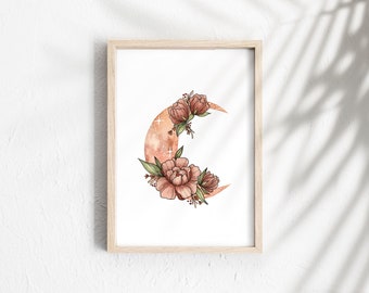 THE FLORENCE CRESCENT Print | Watercolour Print | Floral Moon Wall Art | Moon Print