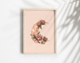 THE FLORENCE CRESCENT Pink Print | Watercolour Print | Floral Moon Wall Art | Moon Print