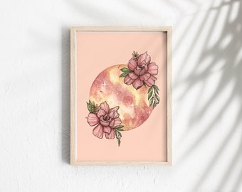 THE CASSANOVA MOON Pink Print | Watercolour Print | Floral Moon Wall Art | Bohemian Decor | Moon Print