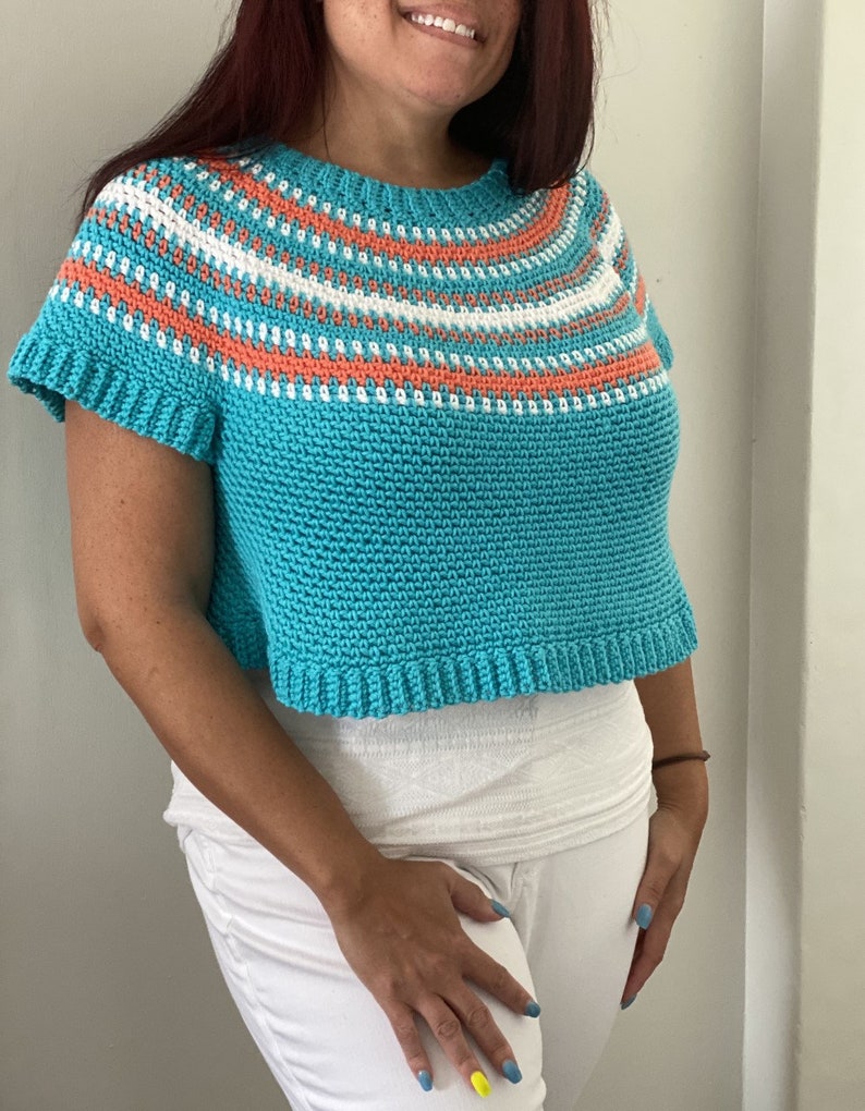 Homolovi Pullover Crochet Pattern Top-Down Circle Yoke Sweater Linen Stitch Colorwork image 8