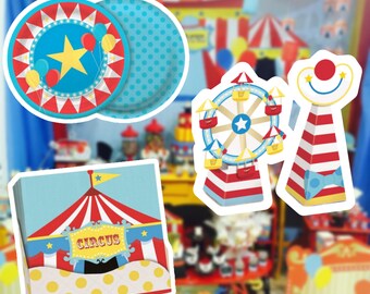 Circus Kit 44 Pieces Circus Party Kit| Round Paper Plates 7"- 16 Pack/Napkin 20 units and Decorative Mini Cone Box - 8 Pack / Party Supplies