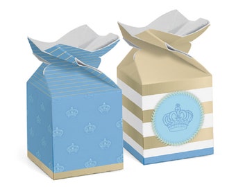 May include: Two blue and gold favor boxes with a crown design. The boxes are decorated with stripes and a crown pattern.