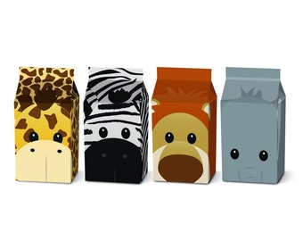 May include: Four rectangular paper gift boxes featuring animal face designs. The first box has a yellow giraffe pattern, the second a black and white zebra stripe, the third a brown lion face, and the fourth a solid gray elephant design.