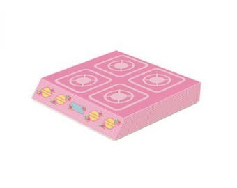 May include: Pink toy stovetop with four burner elements. The stovetop has a checkered pattern and floral accents.