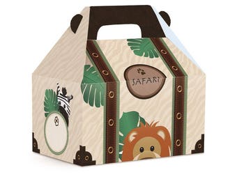 May include: A brown and beige safari-themed party favor box with a handle. The box features a lion, zebra, and green leaves. The box says "Safari" on the front.