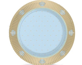 May include: Blue and gold paper plates with a crown design. The plates have a quilted pattern and are perfect for a royal themed party.