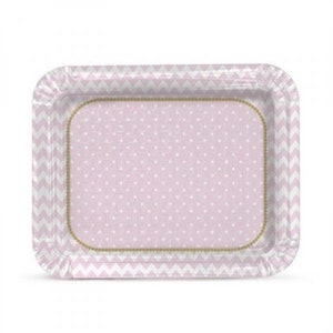 May include: Pink and white paper party plate with a chevron pattern border and a pink polka dot center. The plate has a gold border.