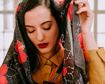 Hand painted silk shawl, black and red hibiscus flowers. Transforms a simply dress to an elegant outfit. Perfect gift for Valentine