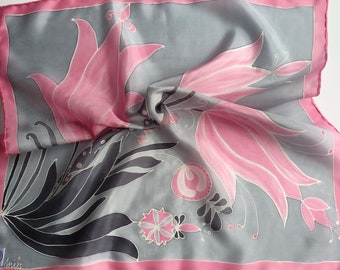 Grey hand painted square silk scarf with pink tulips. Tulip is the most ancient motif worldwide, it stands for feminity,  beauty and love