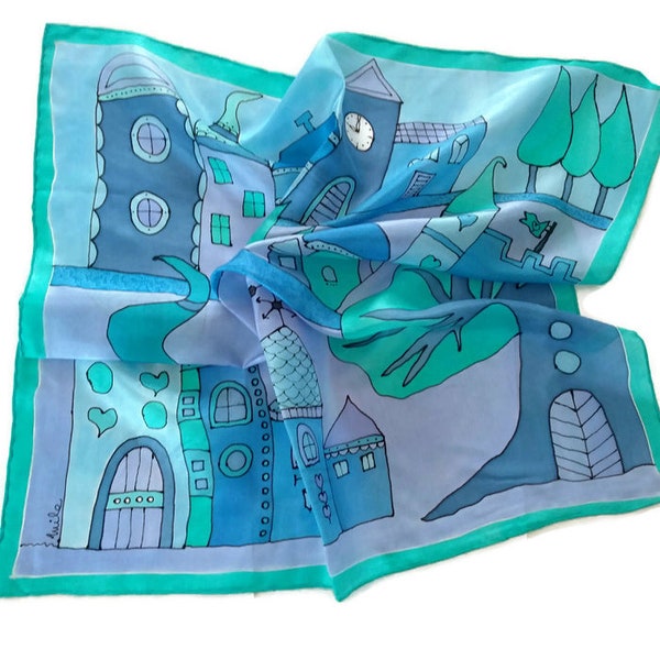 Hand painted blue silk scarf, enchanting fairy city, tell your own fairy tale. Ideal gift for everybody who likes unique accessories