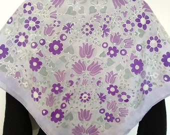Head scarf, hand painted purple silk scarf, richly decorated with flowers. Hungarian design. Limited edition. One of a kind gift for women.