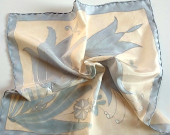 Gifts for women hand painted silk scarf, Beige and grey, with tulips