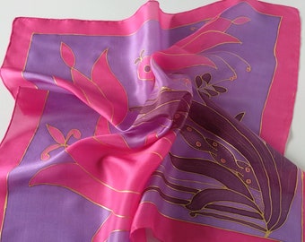 Purple hand painted square silk scarf with magenta pink tulips. Hungarian folkart,  Silk neckerchief, designer scarf