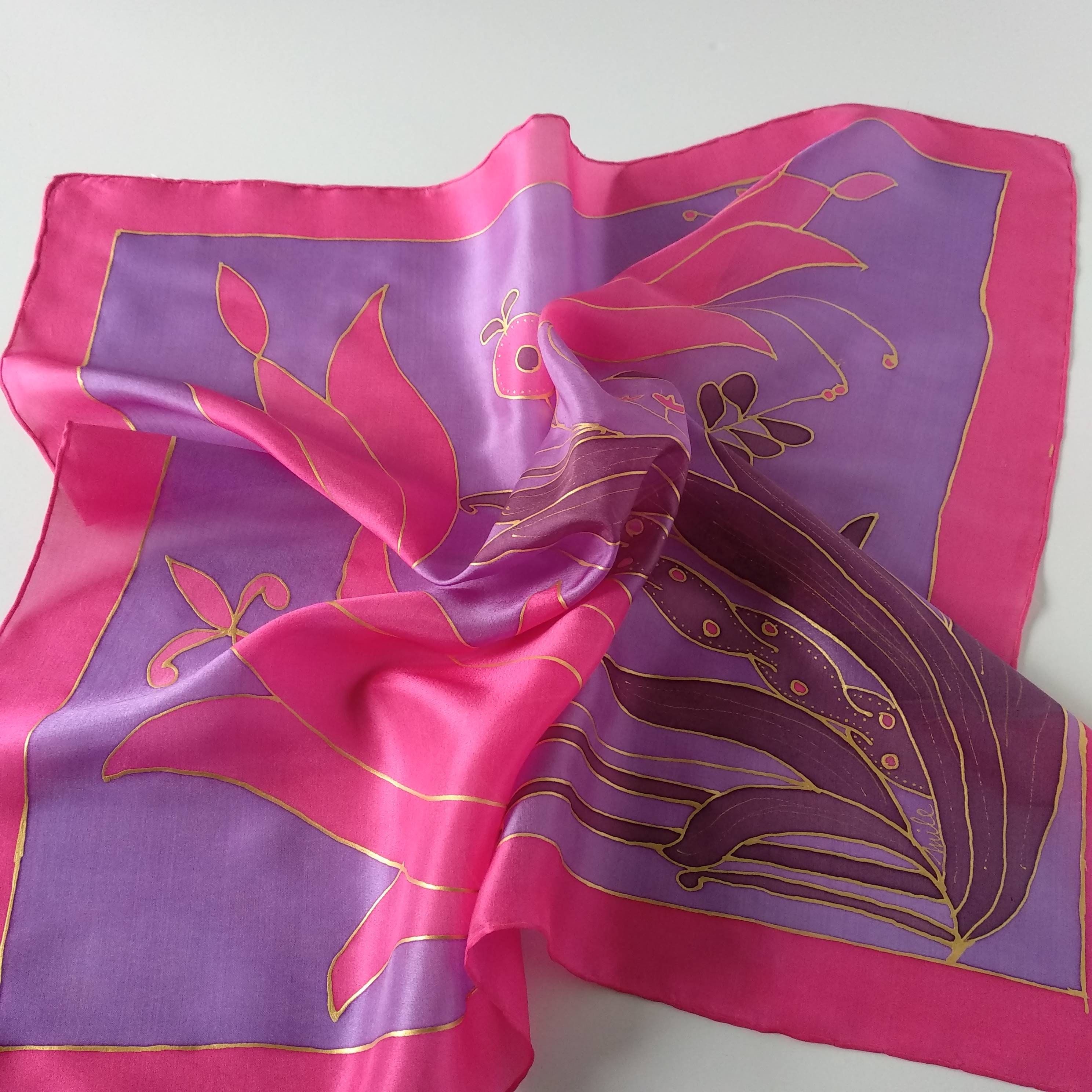 Purple Hand Painted Square Silk Scarf With Magenta Pink Tulips ...