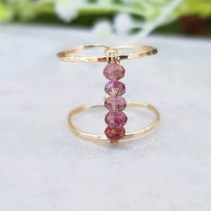 Anillo de turmalina rosa, anillo chapado en oro de 14 k, anillo de turmalina dorada, anillo con cuentas, anillo de oro rosa o anillo de plata de ley 925, anillo alto