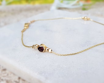 Dainty Anklet,Beach Anklet,14k Gold Anklet,Garnet Bead Anklet,Garnet Jewelry,Red Anklet Bracelet,Birthstone Bracelet,Delicate Bracelet