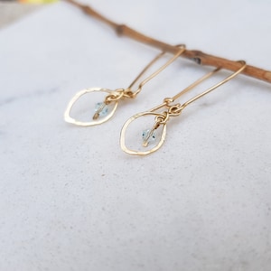 14k Gold Leaf Earrings,Dangle Earrings,Simple Everyday Day Earrings,Gift for Daughter for Sister for friends,Bridesmaid Gift,Aquamarine