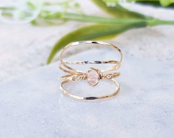 Gemstone Ring, 14k Gold Filled or Rose Gold Filled Ring, Double Ring, Birthstone Ring, April Ring, Rose Quartz Ring, Light Pink Ring