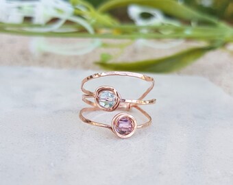 Dainty Aquamarine Ring, Amethyst Ring, Delicate February Birthstone Gift, Small Raw Amethyst Ring, Double Ring, 14k  Rose Gold Filled  Ring