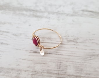 Initial Birthstone Ring, Gold Ruby Ring, Dainty Ring, July Birthstone Ring, Natural Ruby Ring, Wire Wrapped Ring, Valentine's Day Gift.