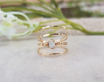 Anillo de piedra lunar, relleno de oro de 14 quilates, con alambre, llamativo, piedra preciosa, para dama de honor, blanco, hecho a mano, regalo para ella, anillo con piedra de nacimiento de junio.