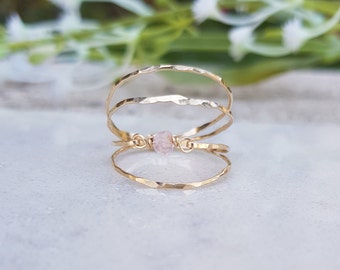 Anneau double, anneau de pierre de naissance, anneau d’avril, anneau de quartz de rose, anneau rose clair, anneau de pierre gemme, anneau rempli d’or de 14k ou anneau rempli d’or rose,