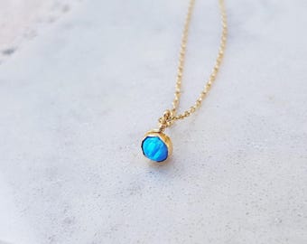 Opal Necklace, Tiny Blue Opal Necklace, Opal Gold Necklace, Opal Jewelry, Gold Bridesmaid Gift, minimalist Necklace, Dot Necklace, Blue Opal