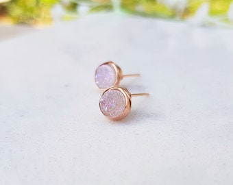 14k Gold Earrings,Druzy Jewelry,Druzy Earrings,Light Pink Studs,Gemstone Earrings,Rose Gold Earrings,April Earrings,Natural Gemstone Studs